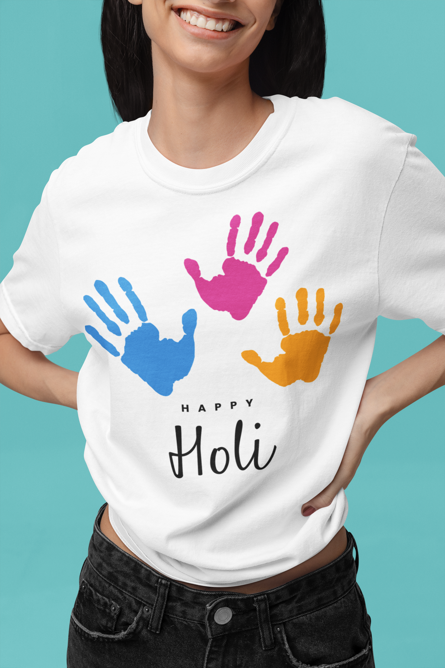 Premium Cotton White Graphic T-Shirt for Women - Happy Holi