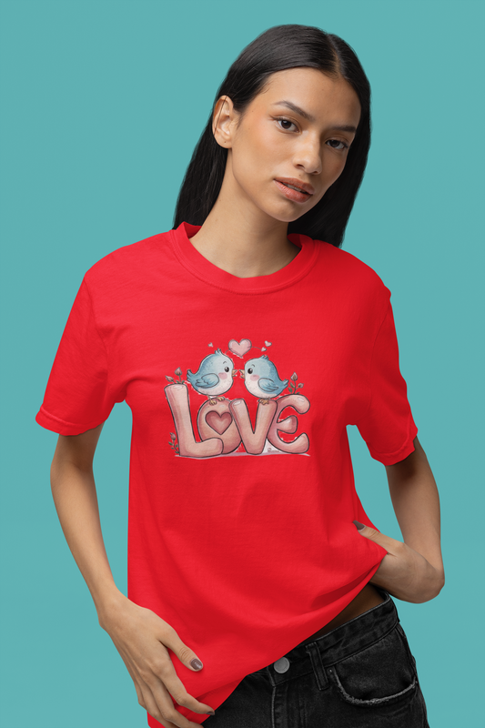 Premium Cotton Red Graphic T-Shirt for Women - Love Birds