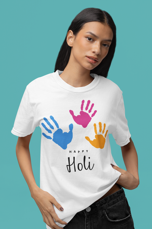Premium Cotton White Graphic T-Shirt for Women - Happy Holi