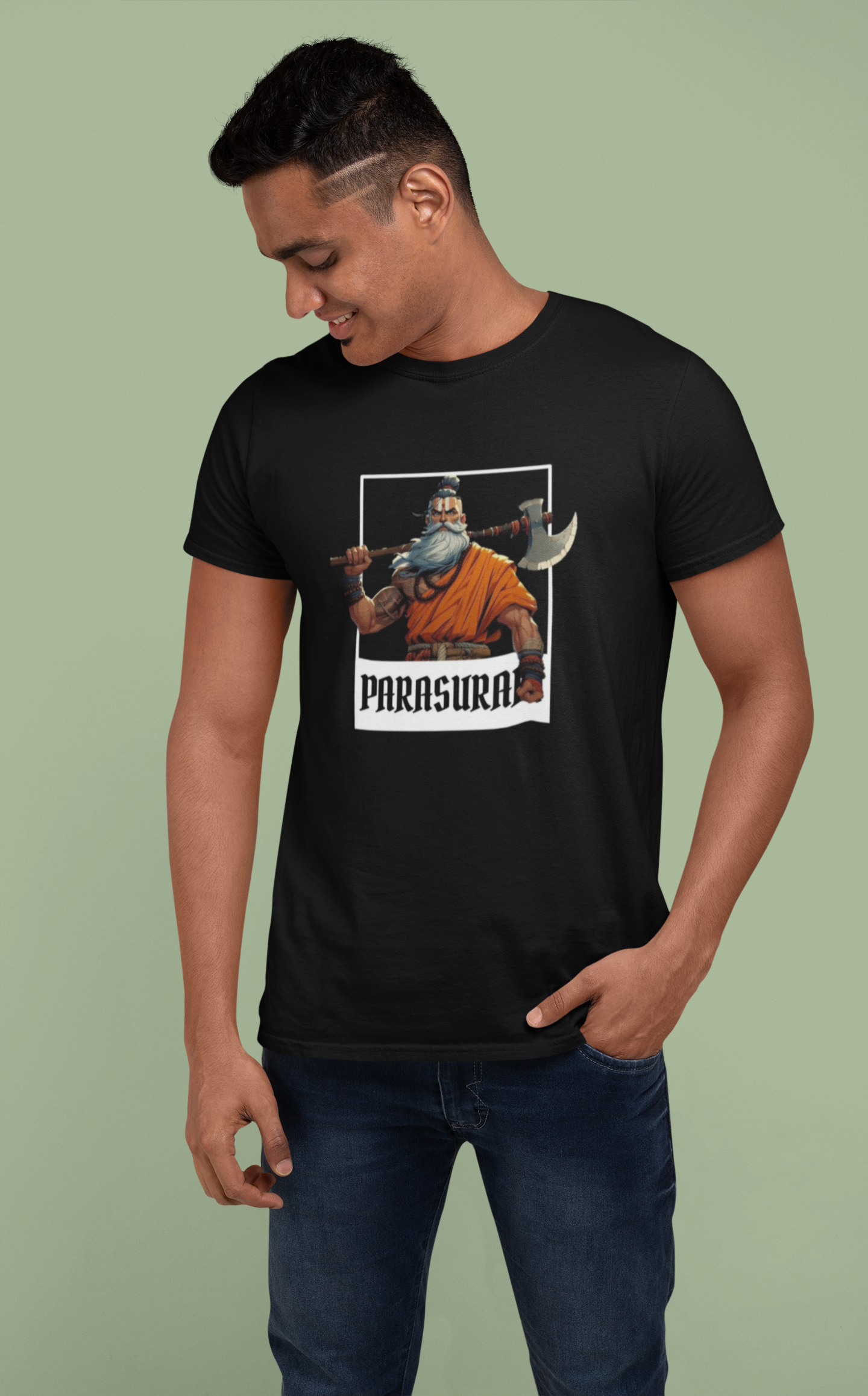 Black Graphic T-Shirt for Men | Premium Cotton | Parasuram Print | Regular Fit - Emonke Store