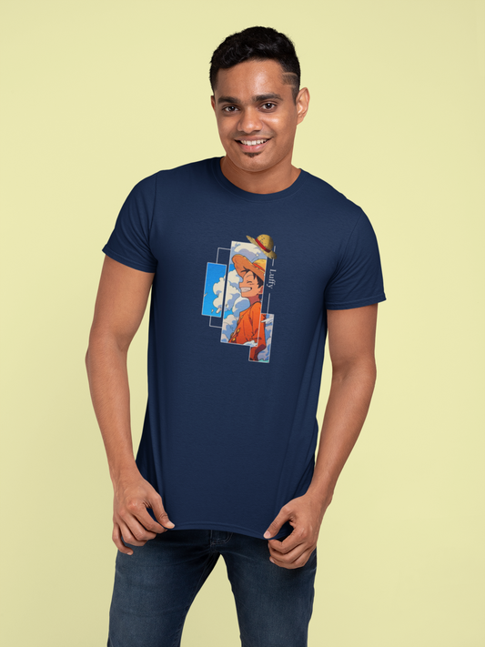 Pearl Blue Graphic T-Shirt for Men | Premium Cotton | Luffy Print | Regular Fit - Emonke Store