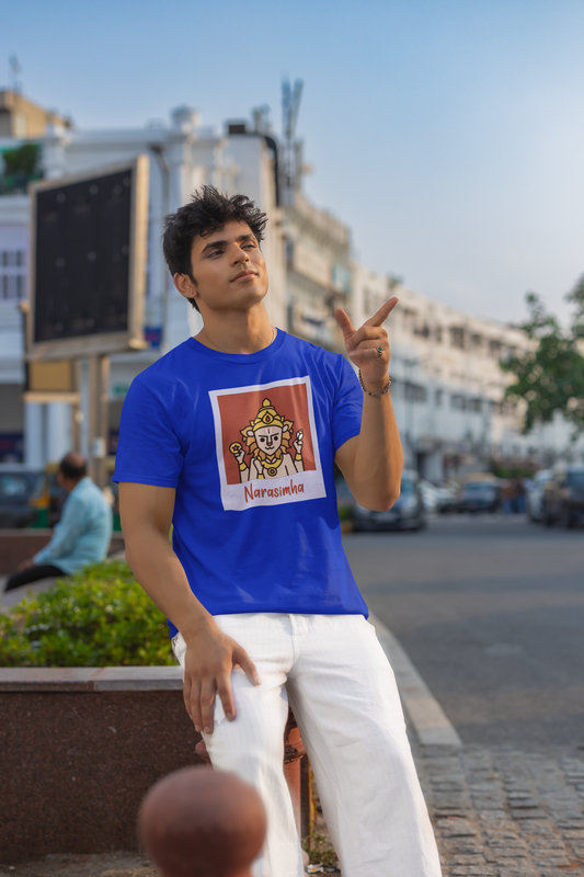 Premium Cotton Blue Graphic T-Shirt - Narasimha