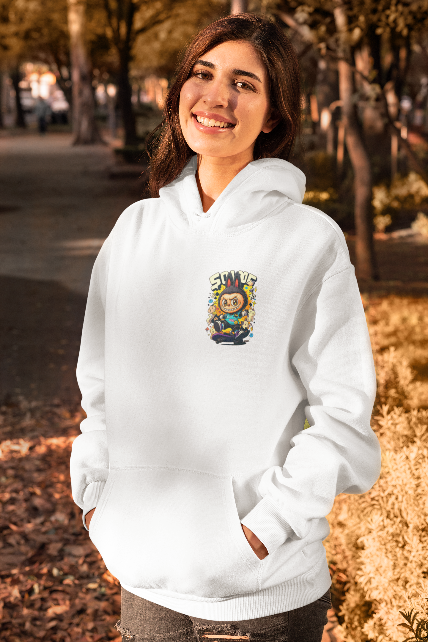 Emonke 350 GSM White Oversized Hoodies for Women - Labubu
