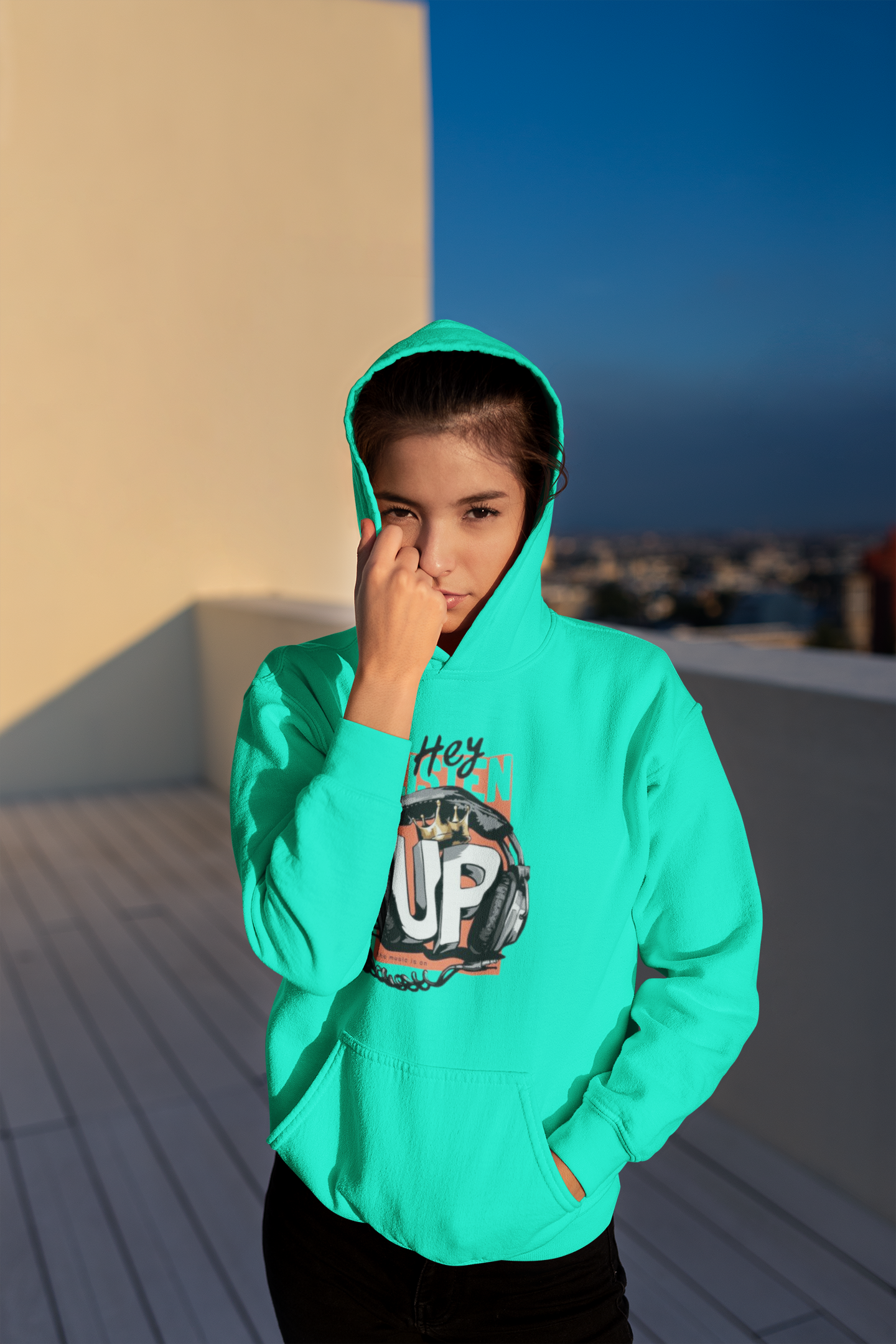 Emonke 350 GSM Aquamarine Oversized Hoodies for Women - Music
