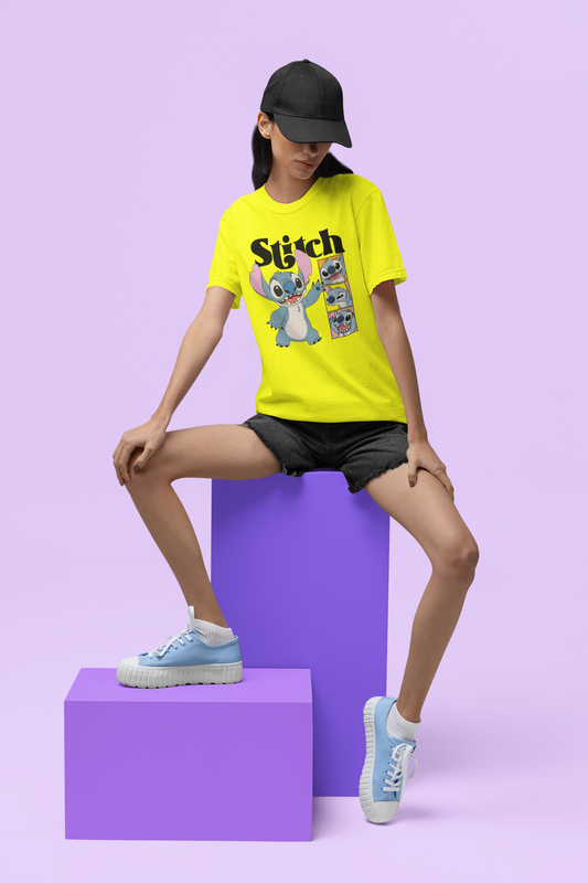Premium Cotton Yellow Graphic T-Shirt for Women - Stitch