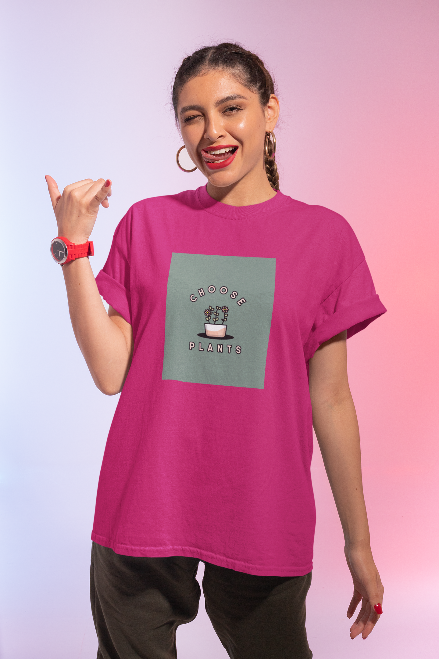 Premium Cotton Magenta Graphic T-Shirt for Women - Choose Plants - Emonke Store