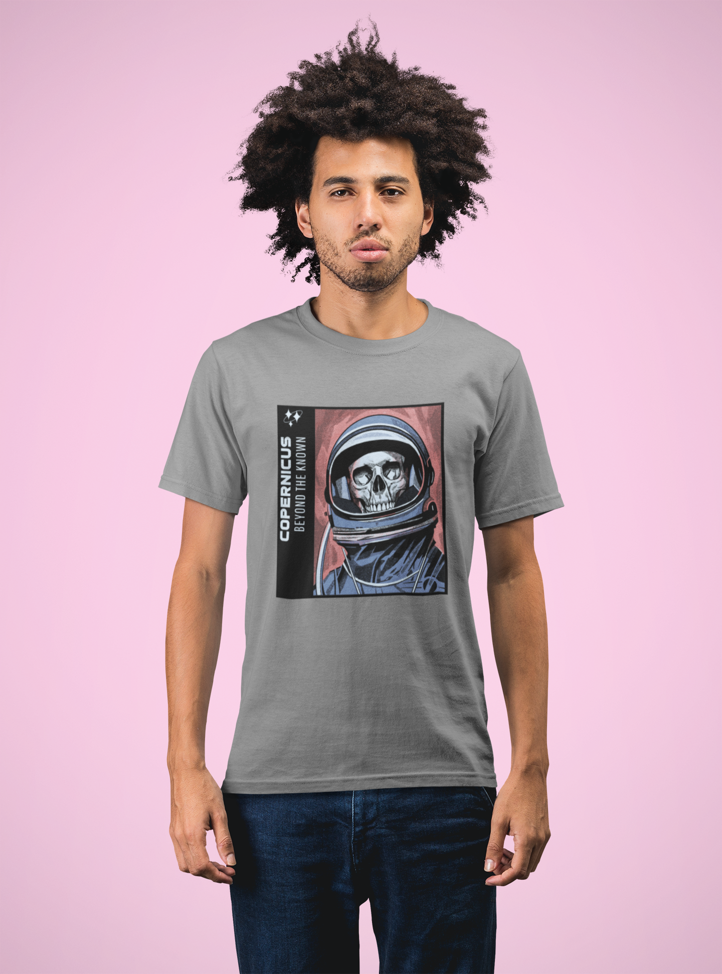 Grey Graphic T-Shirt for Men | Premium Cotton | Beyond the Known (Space) Print | Regular Fit - Emonke Store